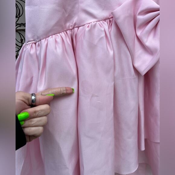 Vintage 80s Betsy & Adam Bubblegum Pink Drop Waist Puff Sleeve Ruffle Prom Dress - Picture 4 of 9